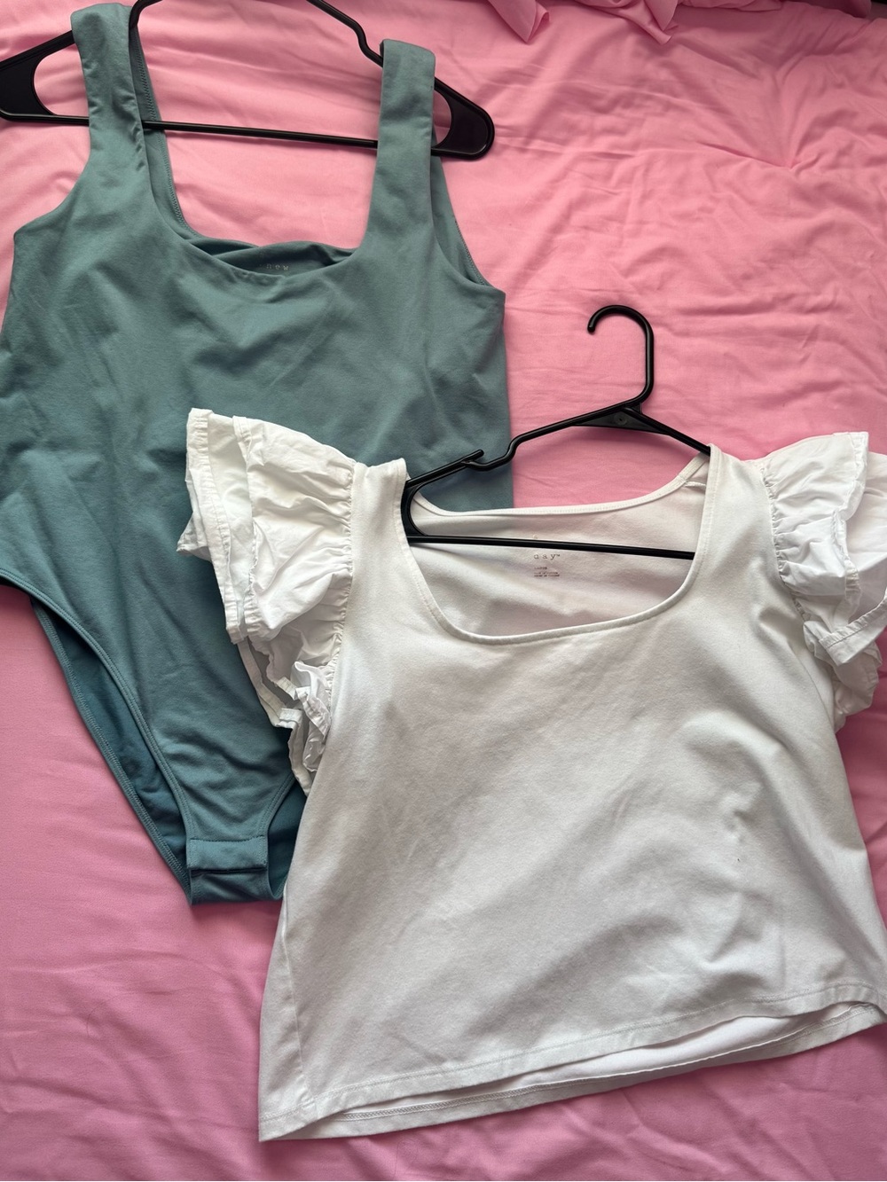 A new day Large White Ruffle Sleeve Top & XL Sage Tank Bodysuit -Women Tops Used